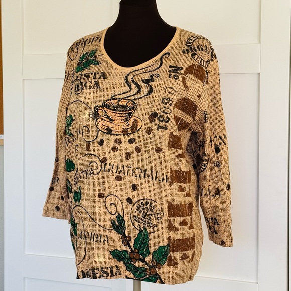 Cactus Bay Apparel Coffee Embellished Top Shirt 3/4 sleeves - Picture 2 of 7